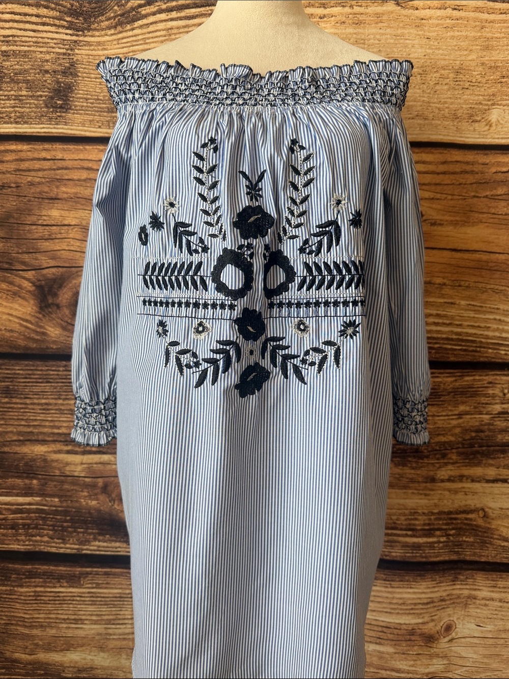 True Destiny Blue & White Striped Off-Shoulder Dress with Navy Embroidery